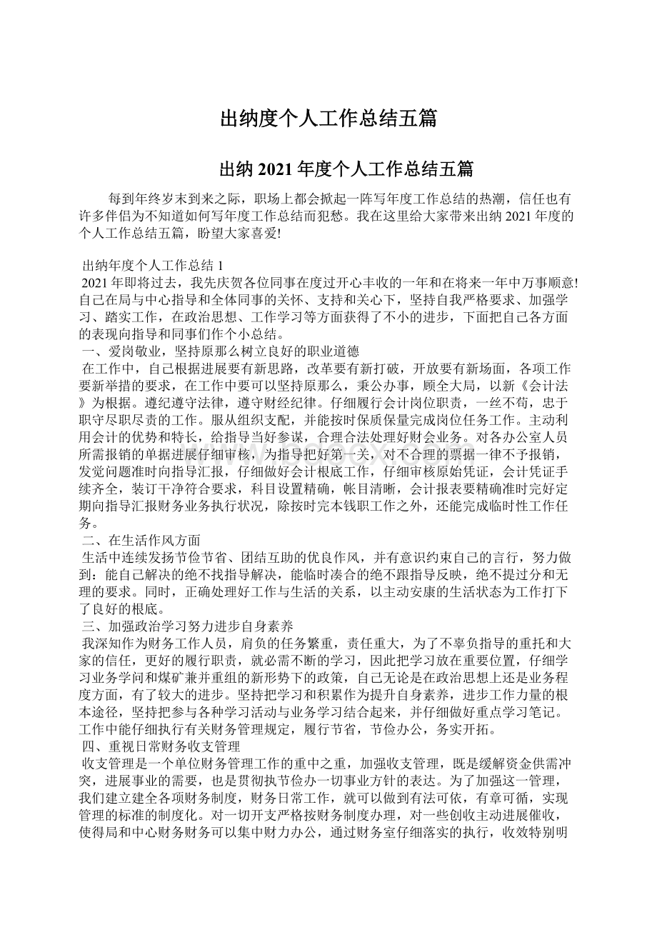 出纳度个人工作总结五篇Word格式文档下载.docx_第1页