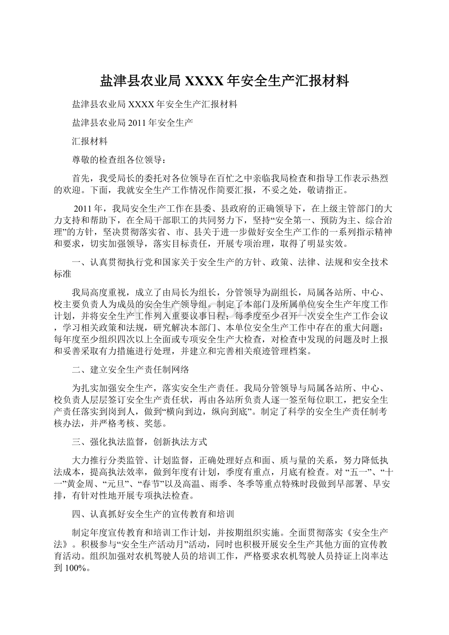 盐津县农业局XXXX年安全生产汇报材料.docx