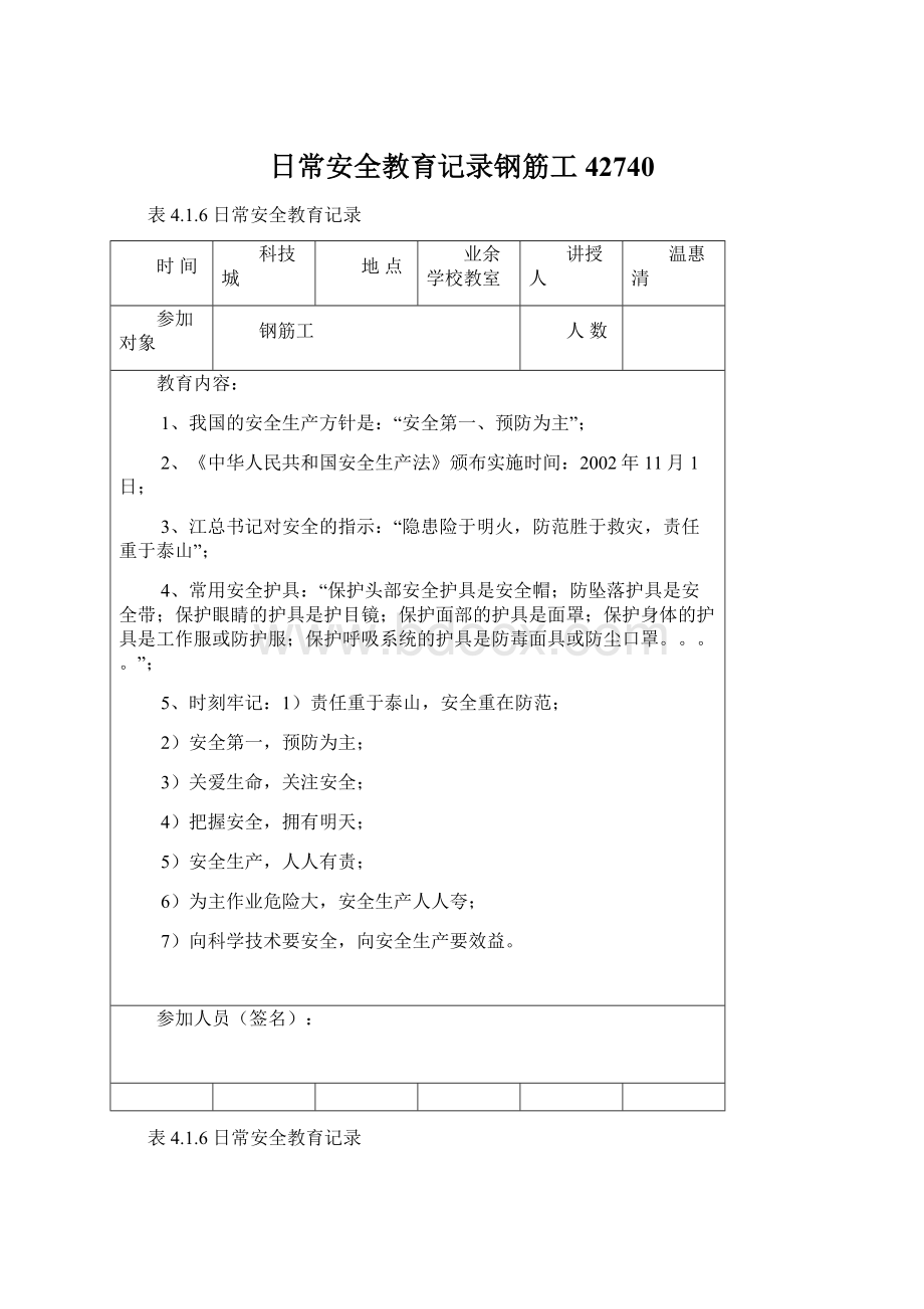 日常安全教育记录钢筋工42740文档格式.docx