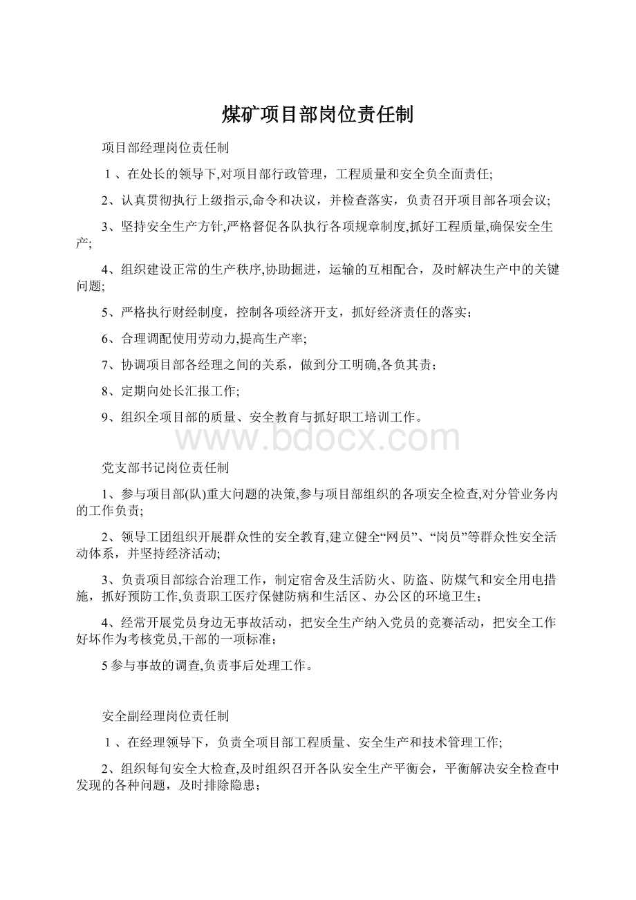 煤矿项目部岗位责任制.docx_第1页