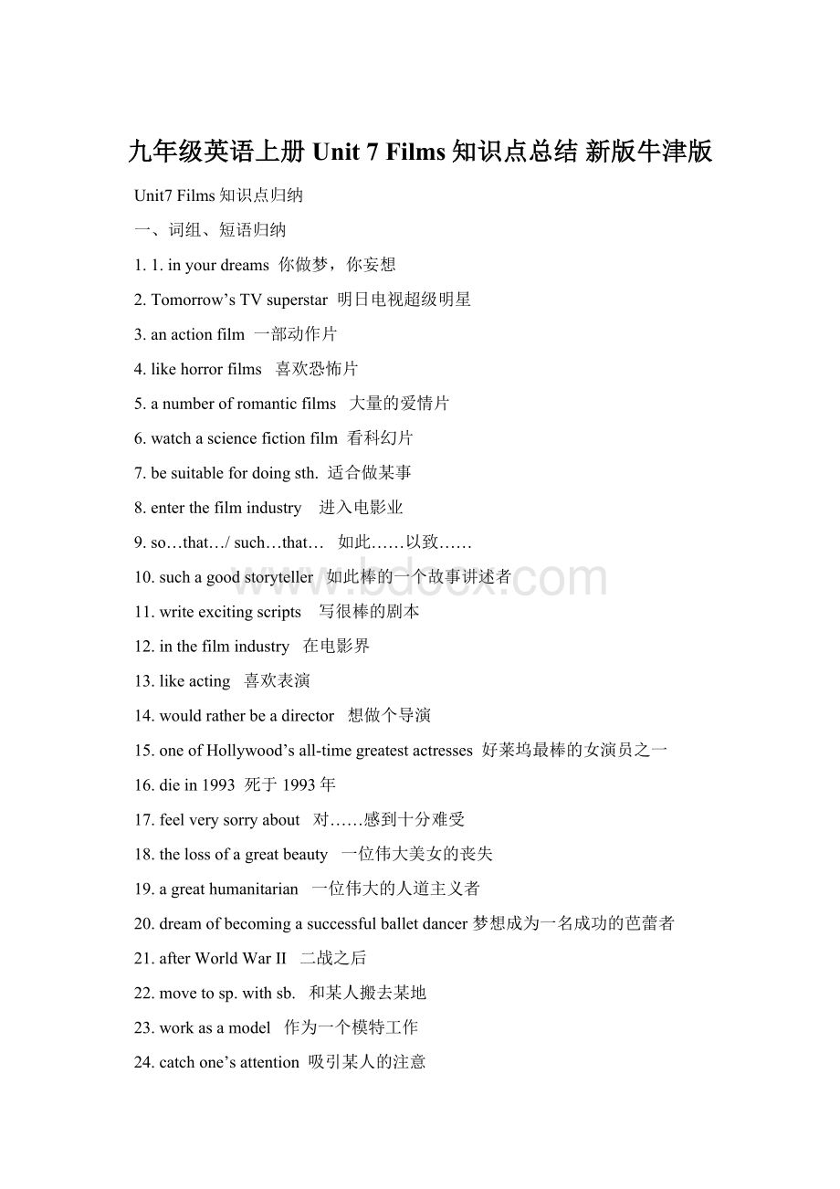 九年级英语上册 Unit 7 Films知识点总结新版牛津版Word文档格式.docx