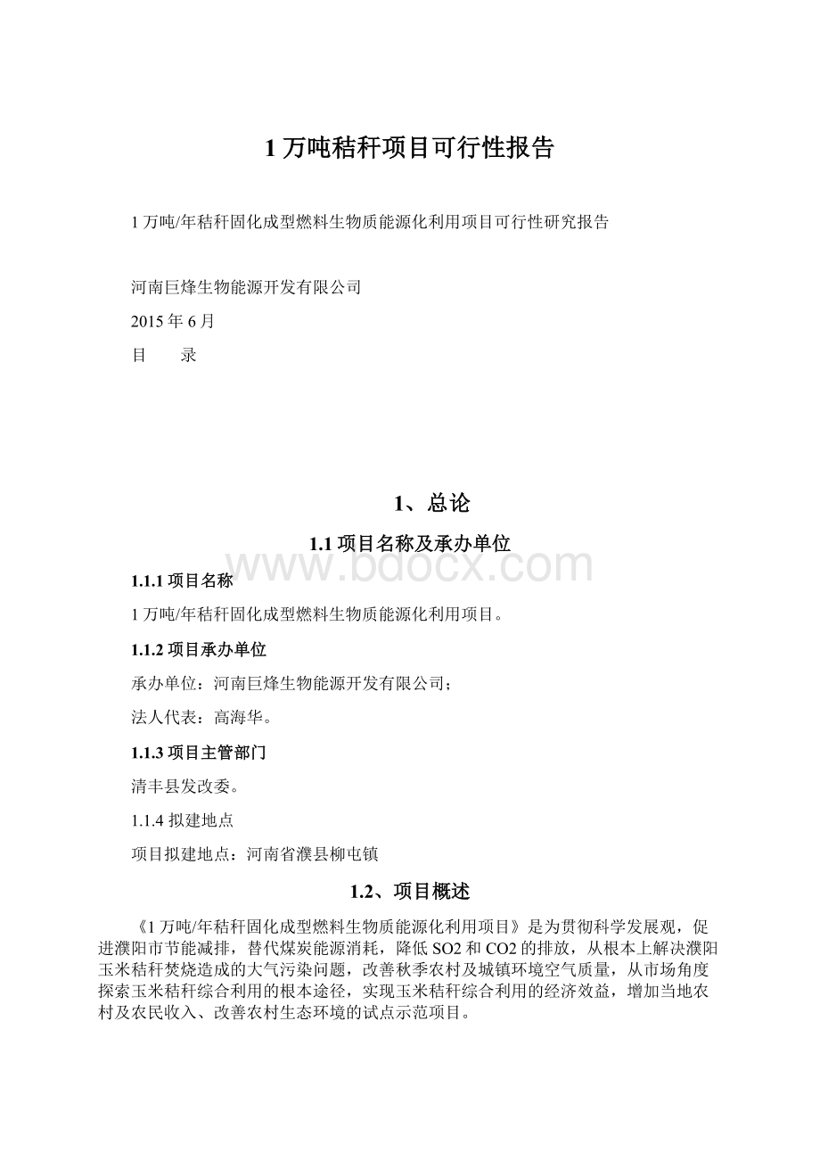 1万吨秸秆项目可行性报告.docx