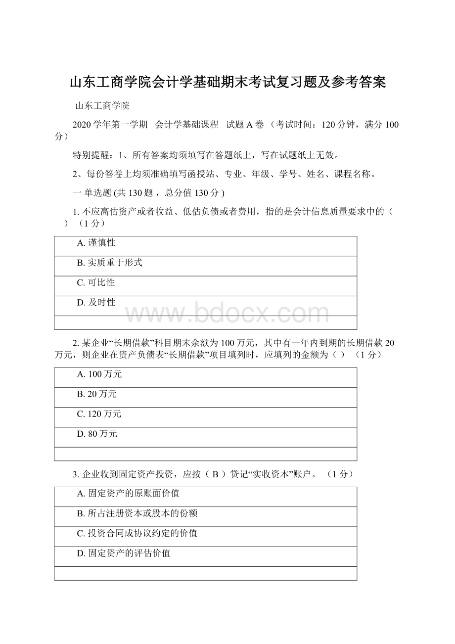 山东工商学院会计学基础期末考试复习题及参考答案.docx_第1页