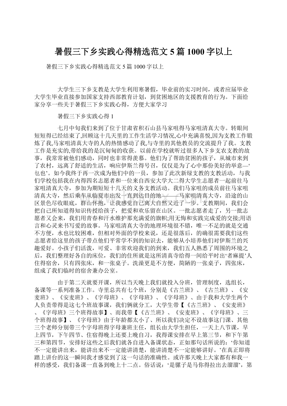 暑假三下乡实践心得精选范文5篇1000字以上文档格式.docx