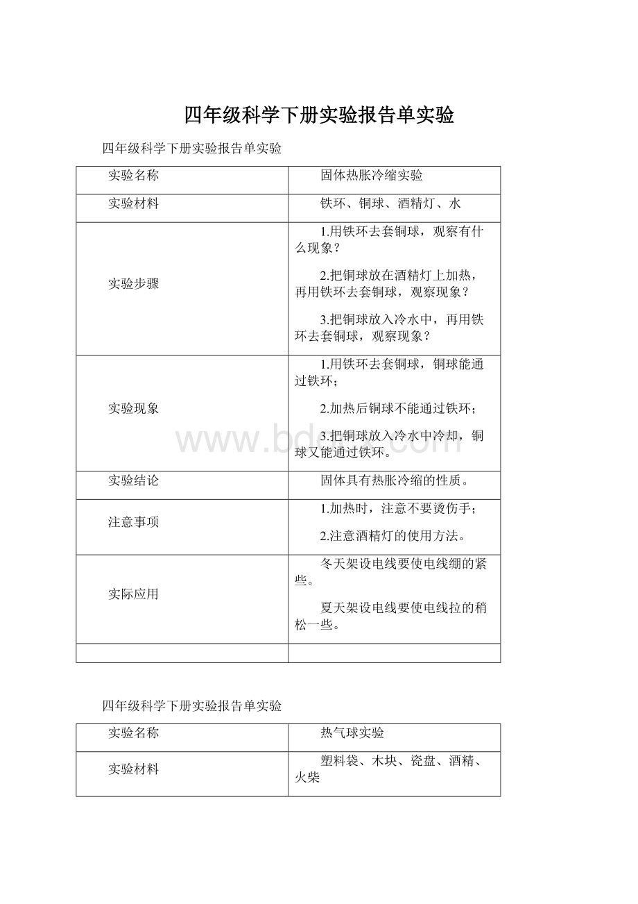 四年级科学下册实验报告单实验Word下载.docx