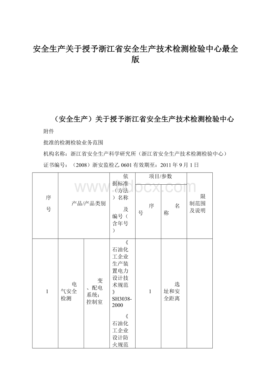 安全生产关于授予浙江省安全生产技术检测检验中心最全版文档格式.docx