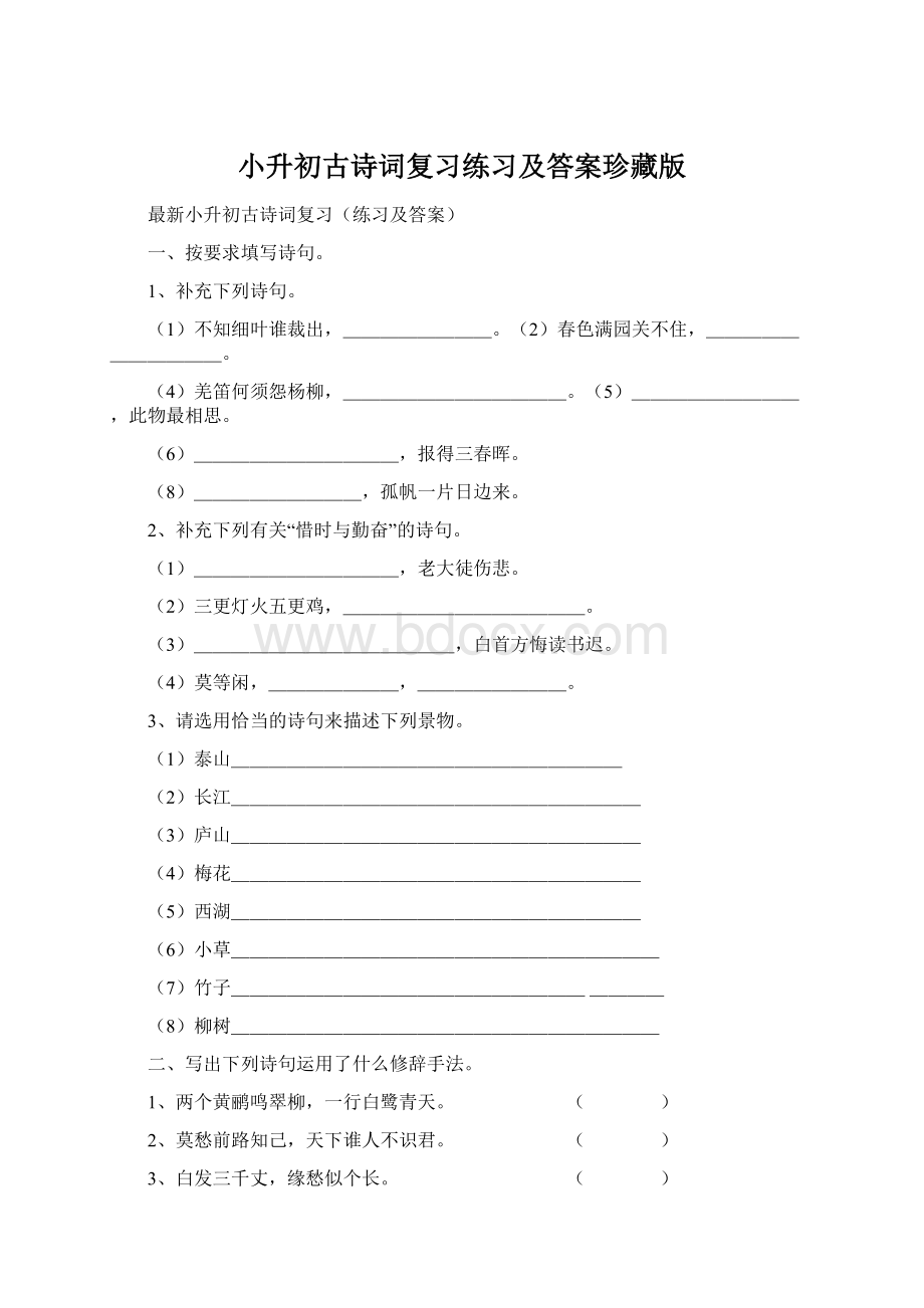 小升初古诗词复习练习及答案珍藏版Word格式.docx