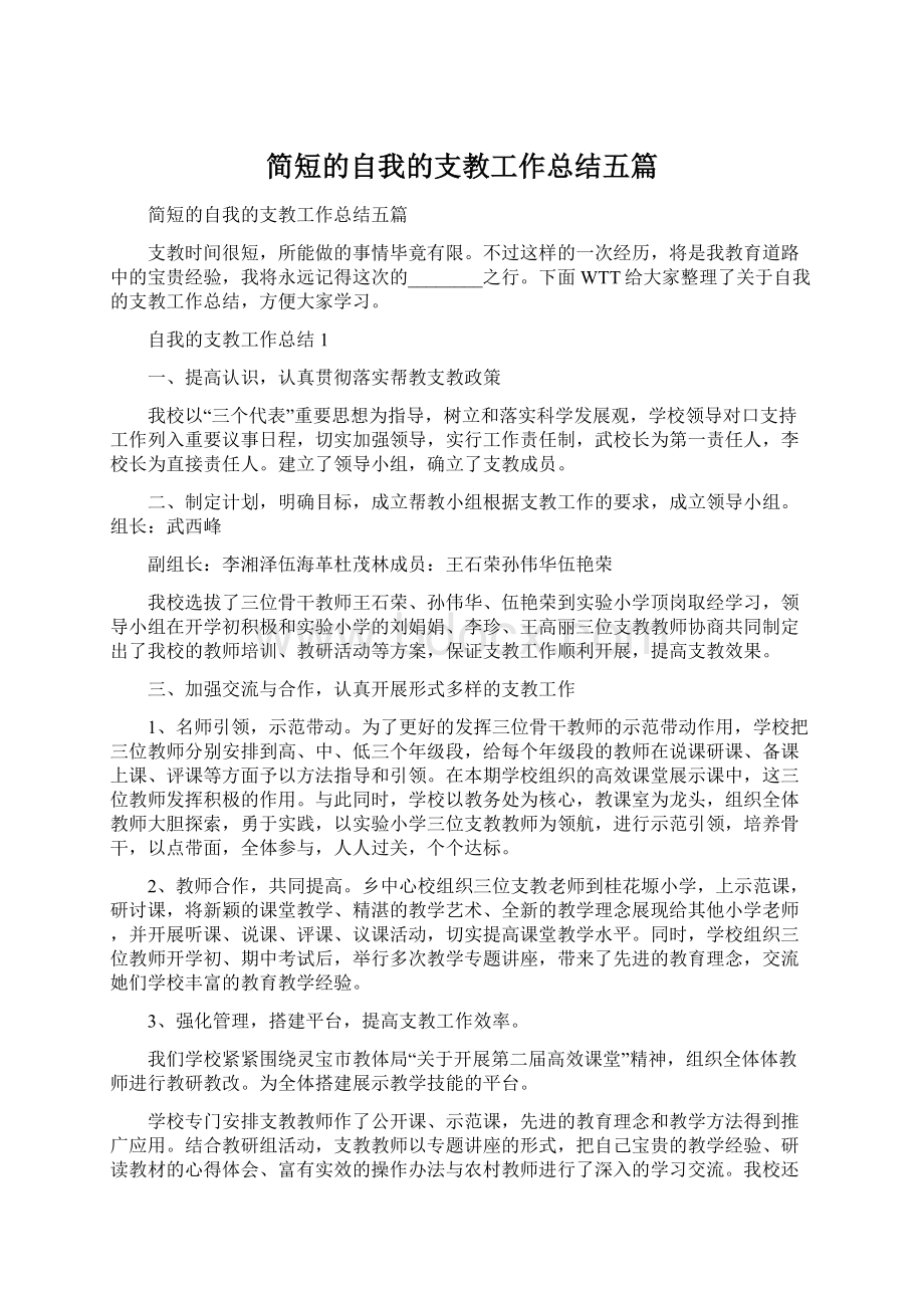 简短的自我的支教工作总结五篇Word下载.docx