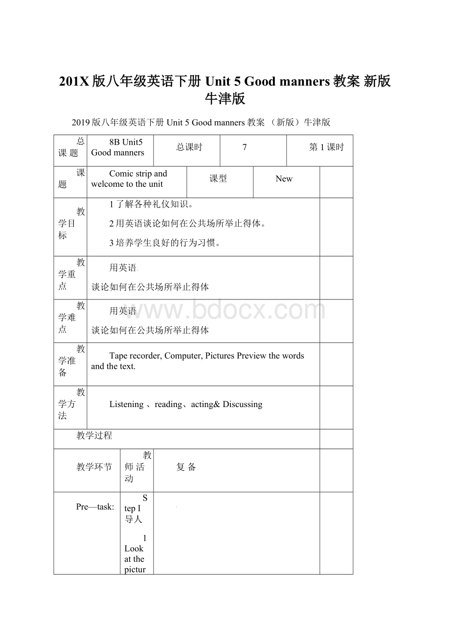 201X版八年级英语下册 Unit 5 Good manners教案 新版牛津版.docx_第1页