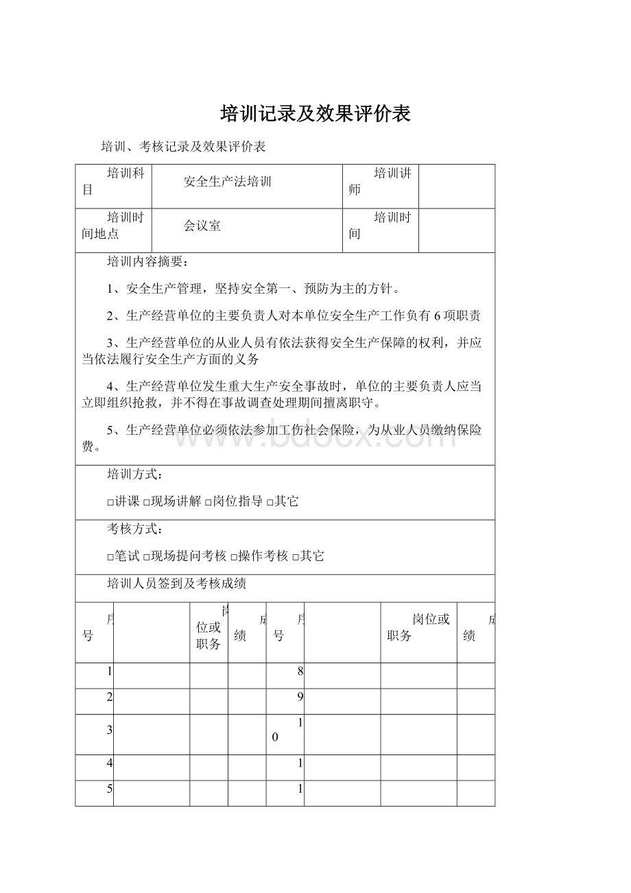 培训记录及效果评价表文档格式.docx_第1页