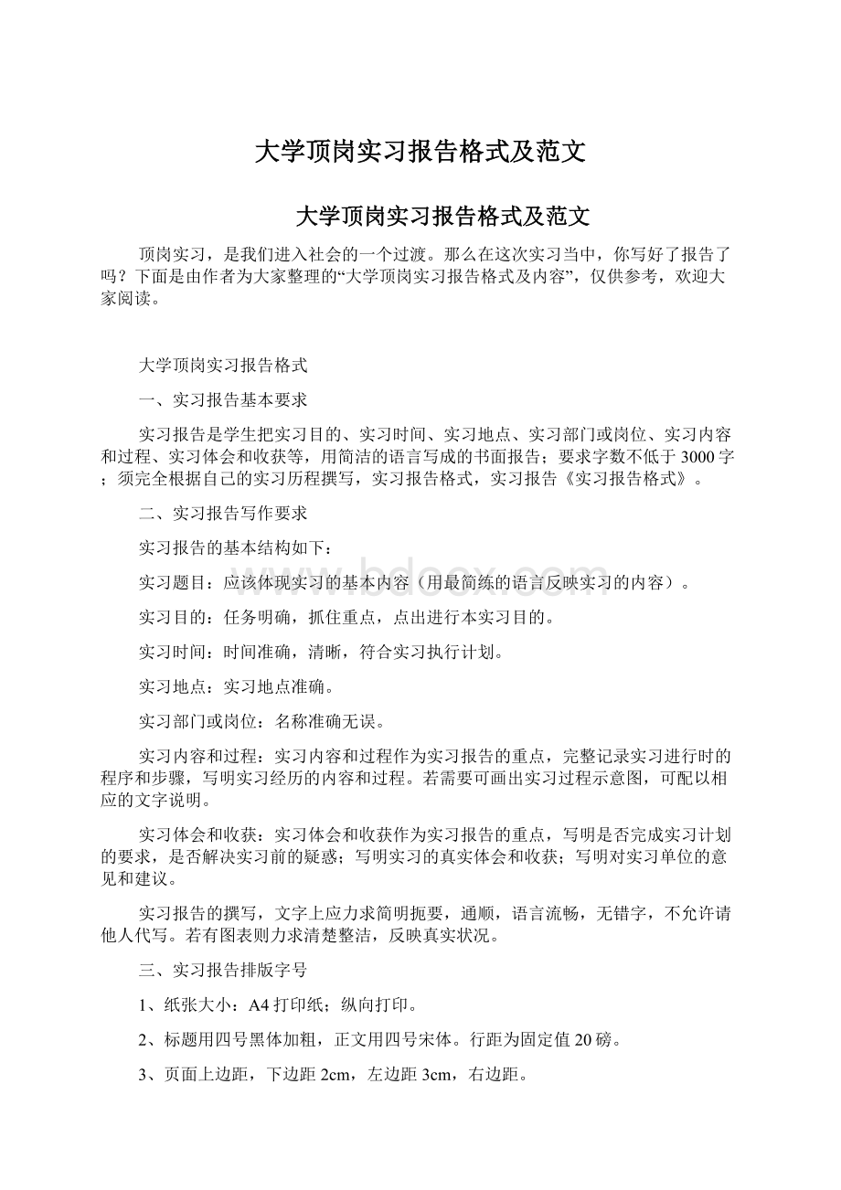 大学顶岗实习报告格式及范文文档格式.docx