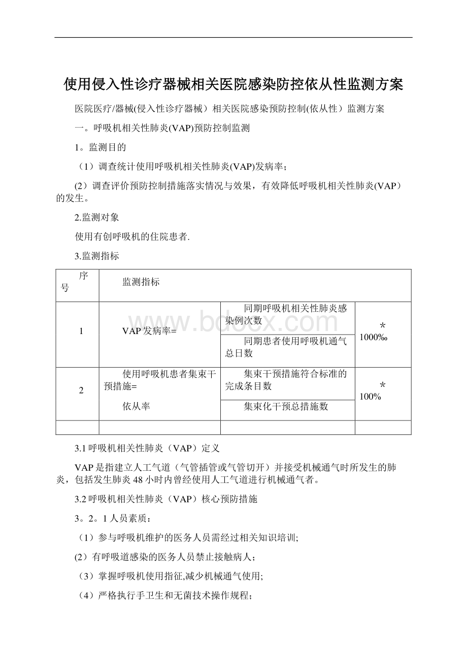 使用侵入性诊疗器械相关医院感染防控依从性监测方案.docx_第1页