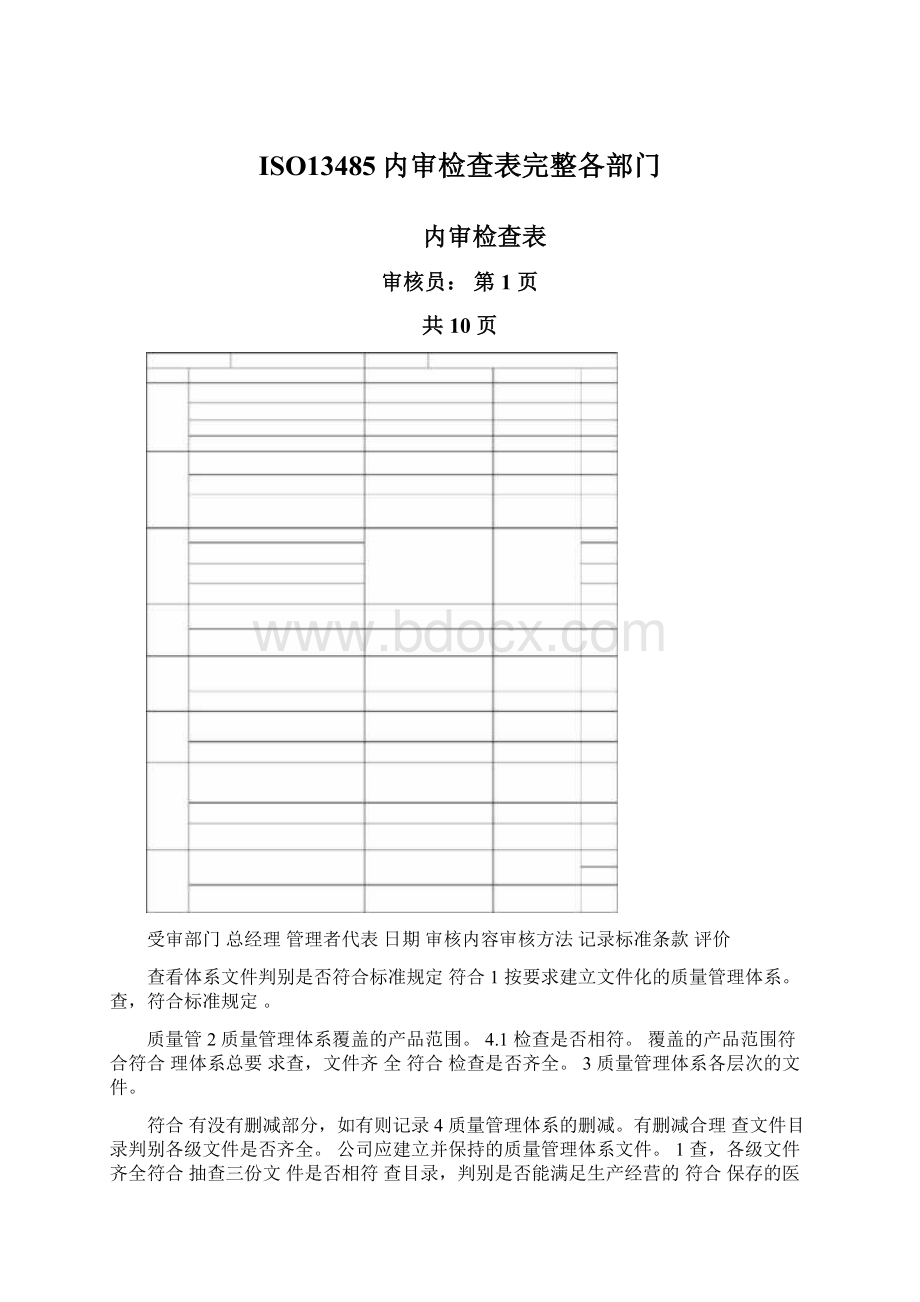 ISO13485内审检查表完整各部门Word文档格式.docx_第1页