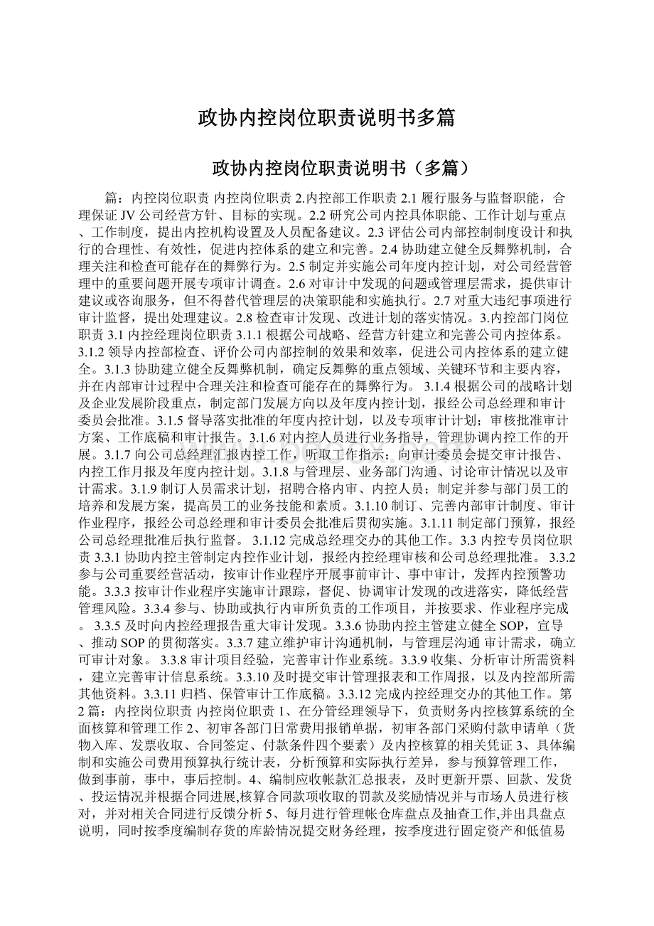 政协内控岗位职责说明书多篇Word格式文档下载.docx