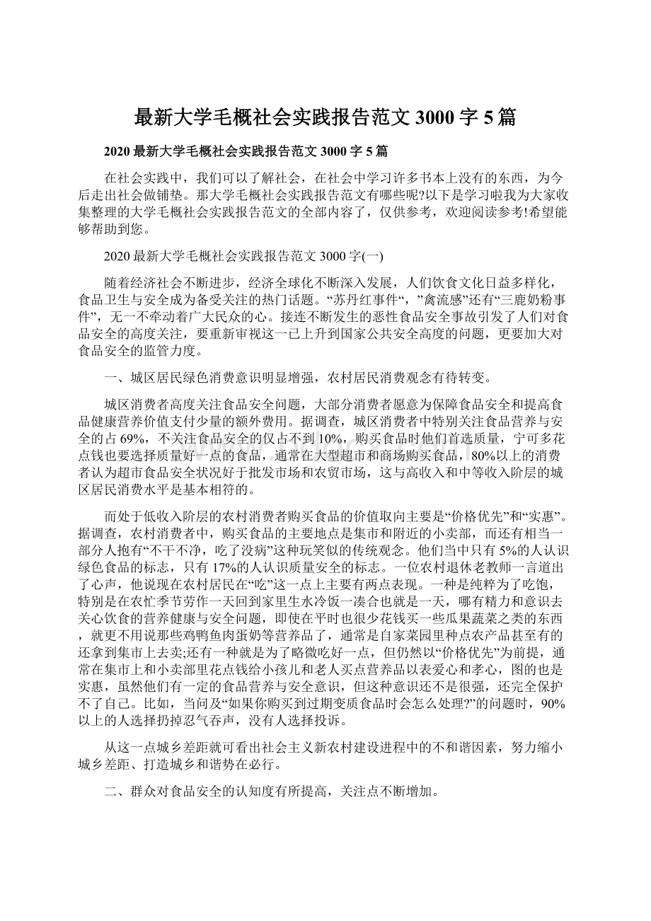 最新大学毛概社会实践报告范文3000字5篇文档格式.docx_第1页