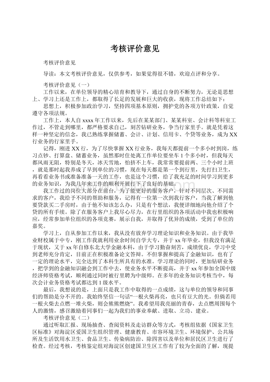 考核评价意见Word文档格式.docx