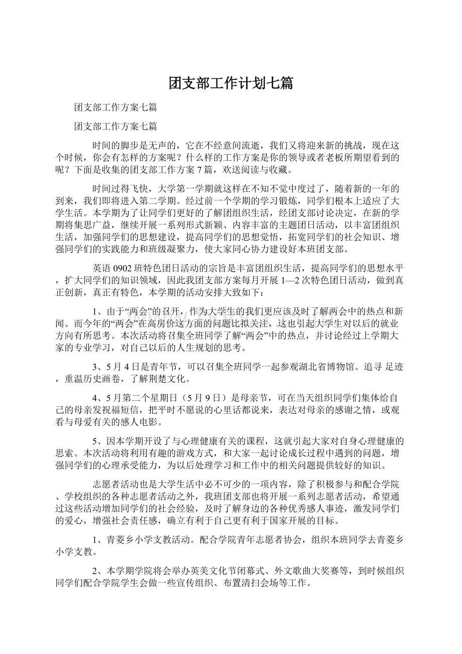 团支部工作计划七篇文档格式.docx