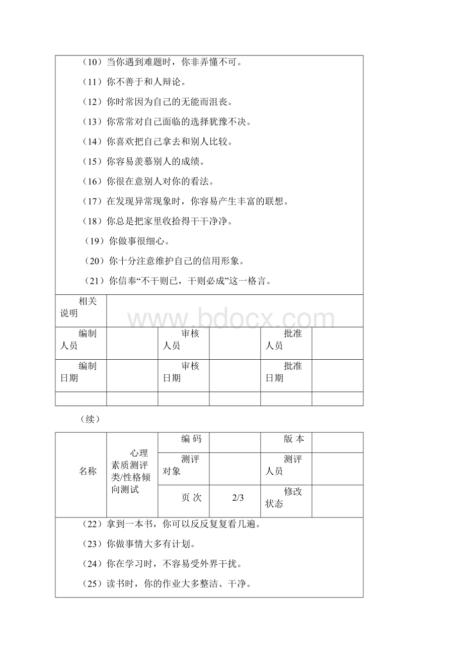 心理素质测评试题专业表格Word格式.docx_第2页