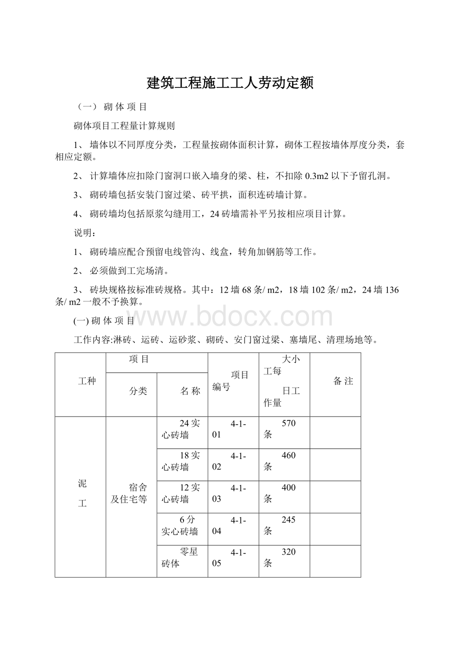 建筑工程施工工人劳动定额Word格式.docx