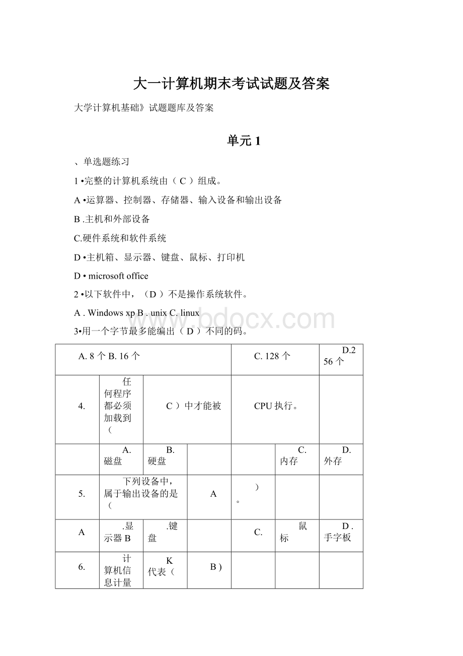 大一计算机期末考试试题及答案.docx