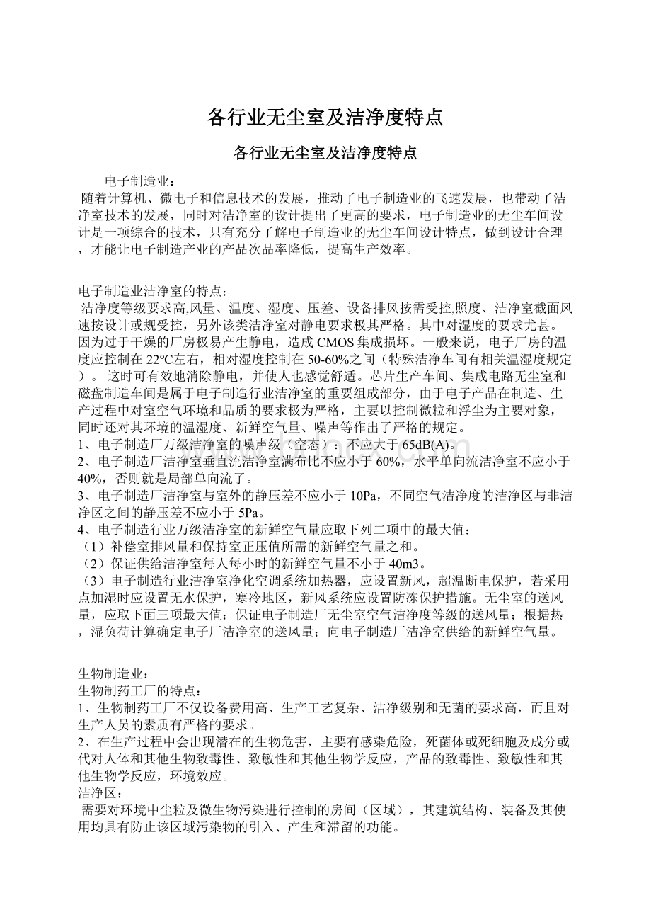 各行业无尘室及洁净度特点.docx