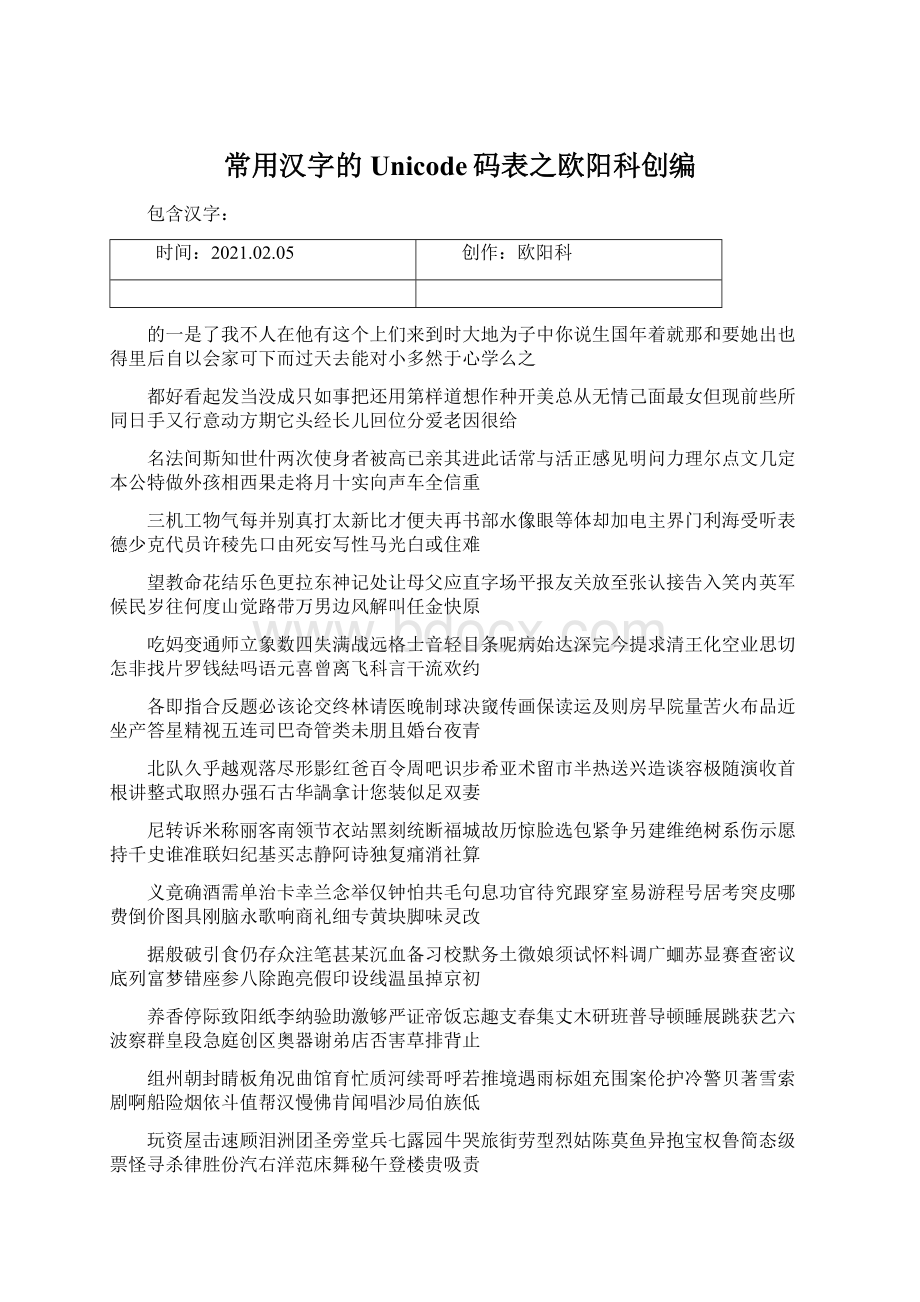 常用汉字的Unicode码表之欧阳科创编.docx_第1页