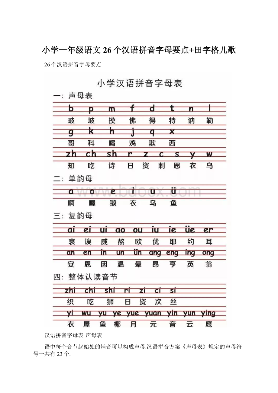 小学一年级语文26个汉语拼音字母要点+田字格儿歌Word格式文档下载.docx