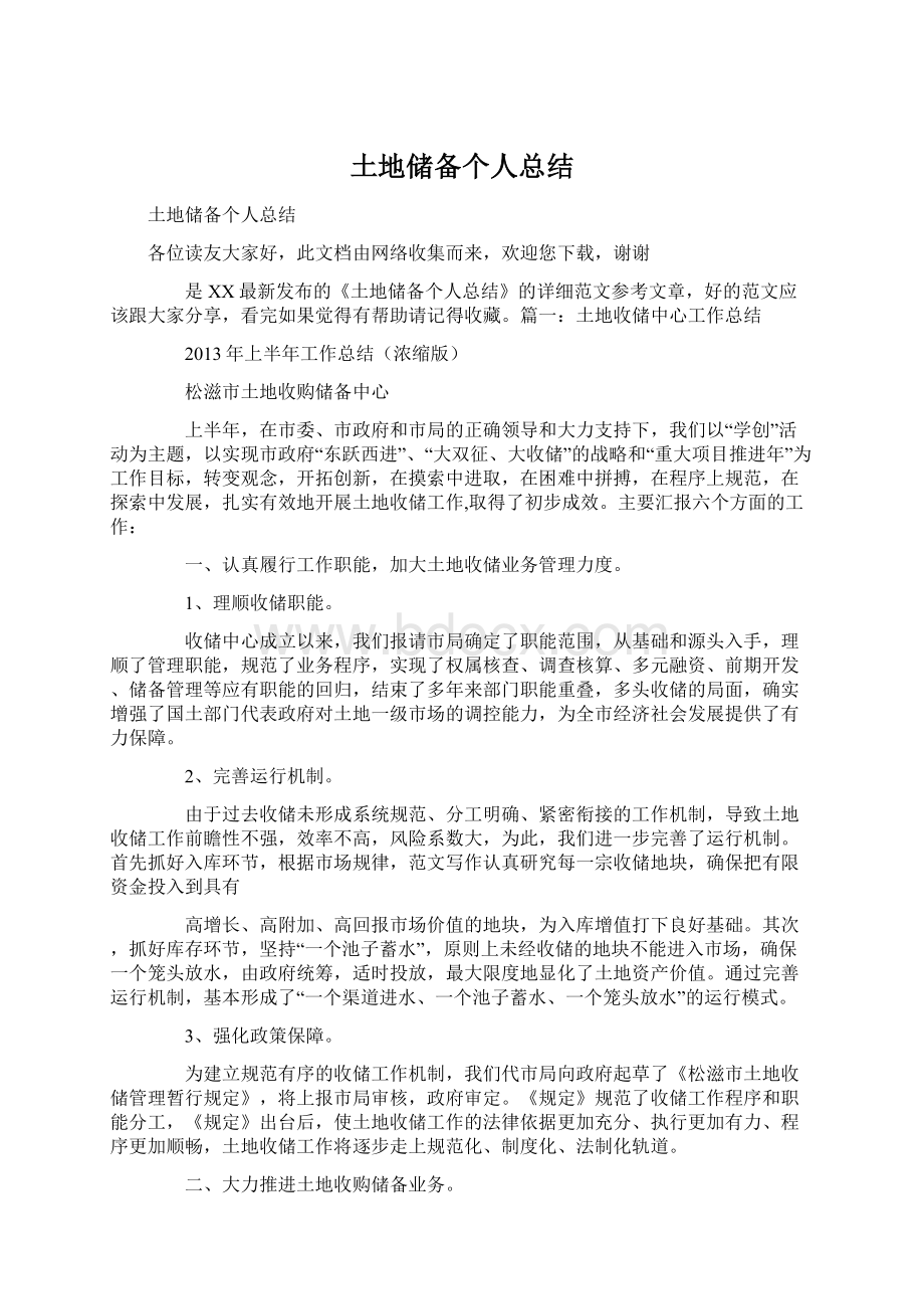 土地储备个人总结Word格式文档下载.docx