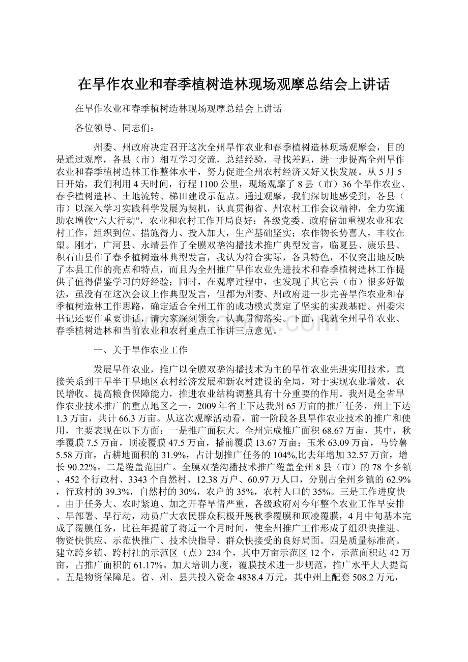 在旱作农业和春季植树造林现场观摩总结会上讲话文档格式.docx_第1页