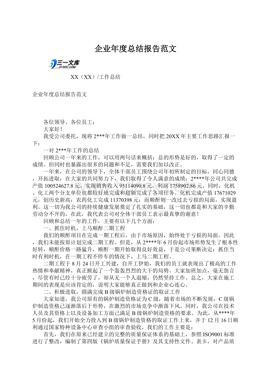 企业年度总结报告范文.docx