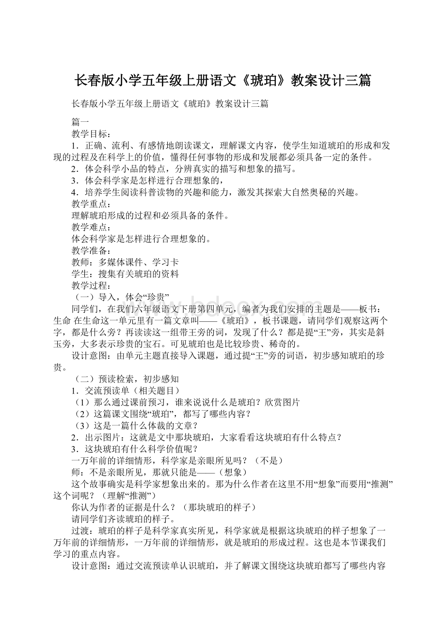 长春版小学五年级上册语文《琥珀》教案设计三篇Word格式文档下载.docx_第1页