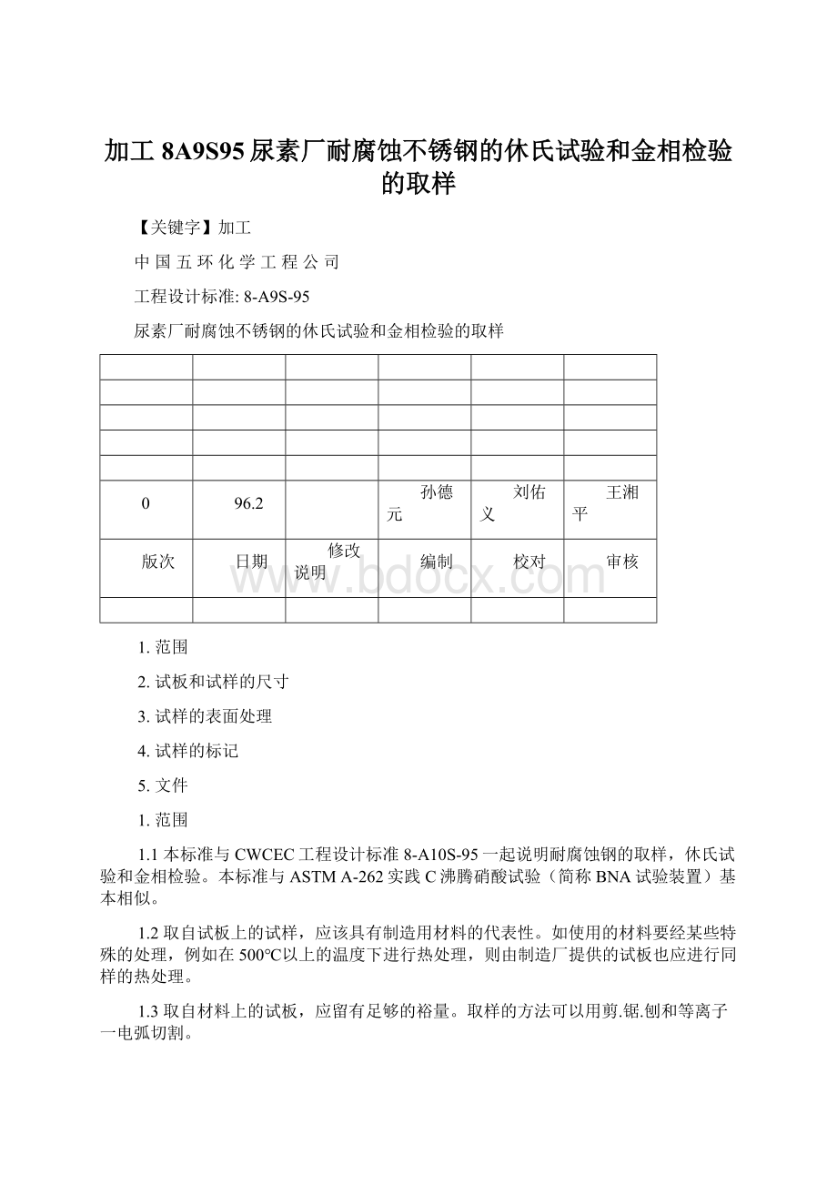 加工8A9S95尿素厂耐腐蚀不锈钢的休氏试验和金相检验的取样Word文件下载.docx_第1页