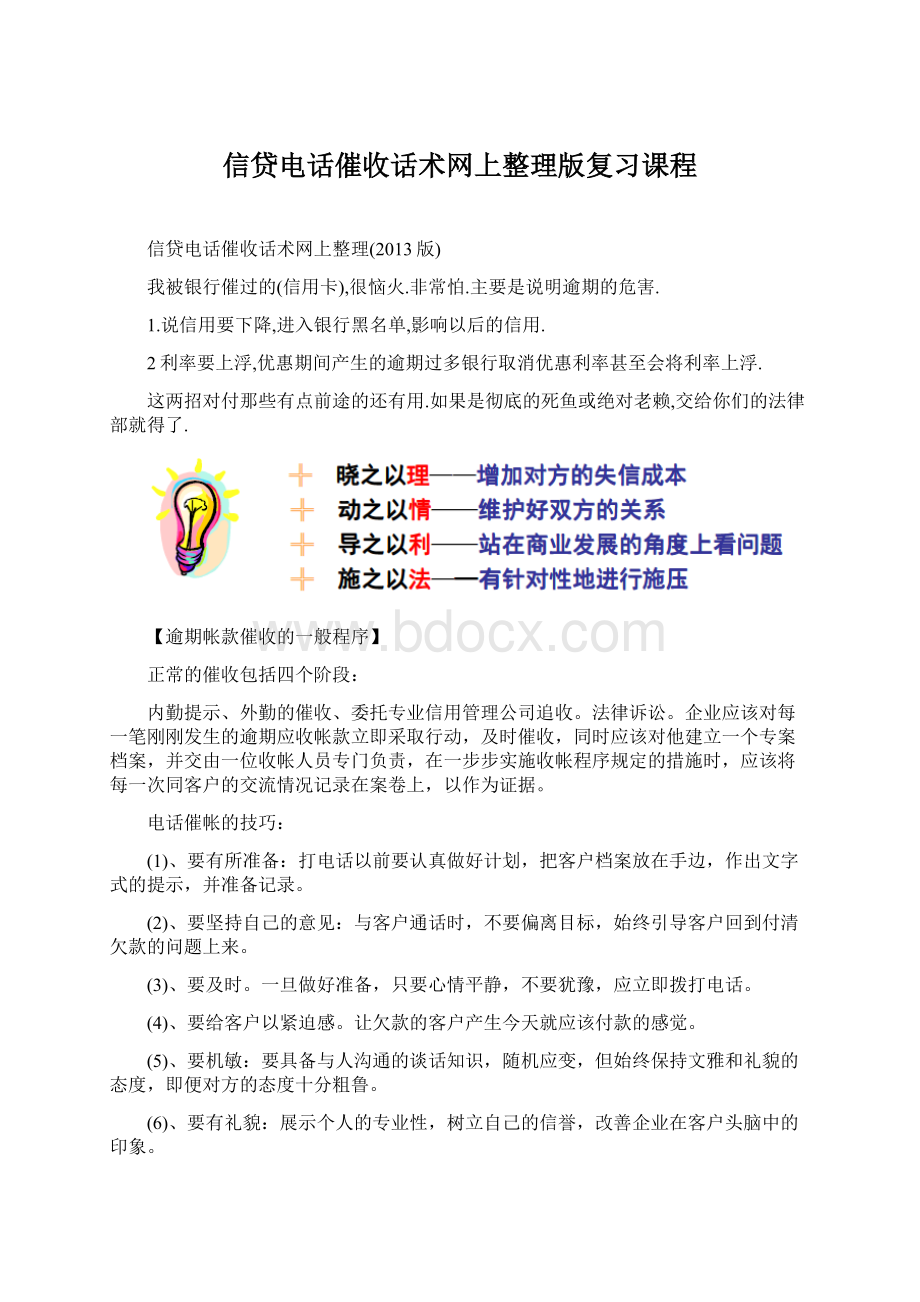 信贷电话催收话术网上整理版复习课程Word格式文档下载.docx_第1页