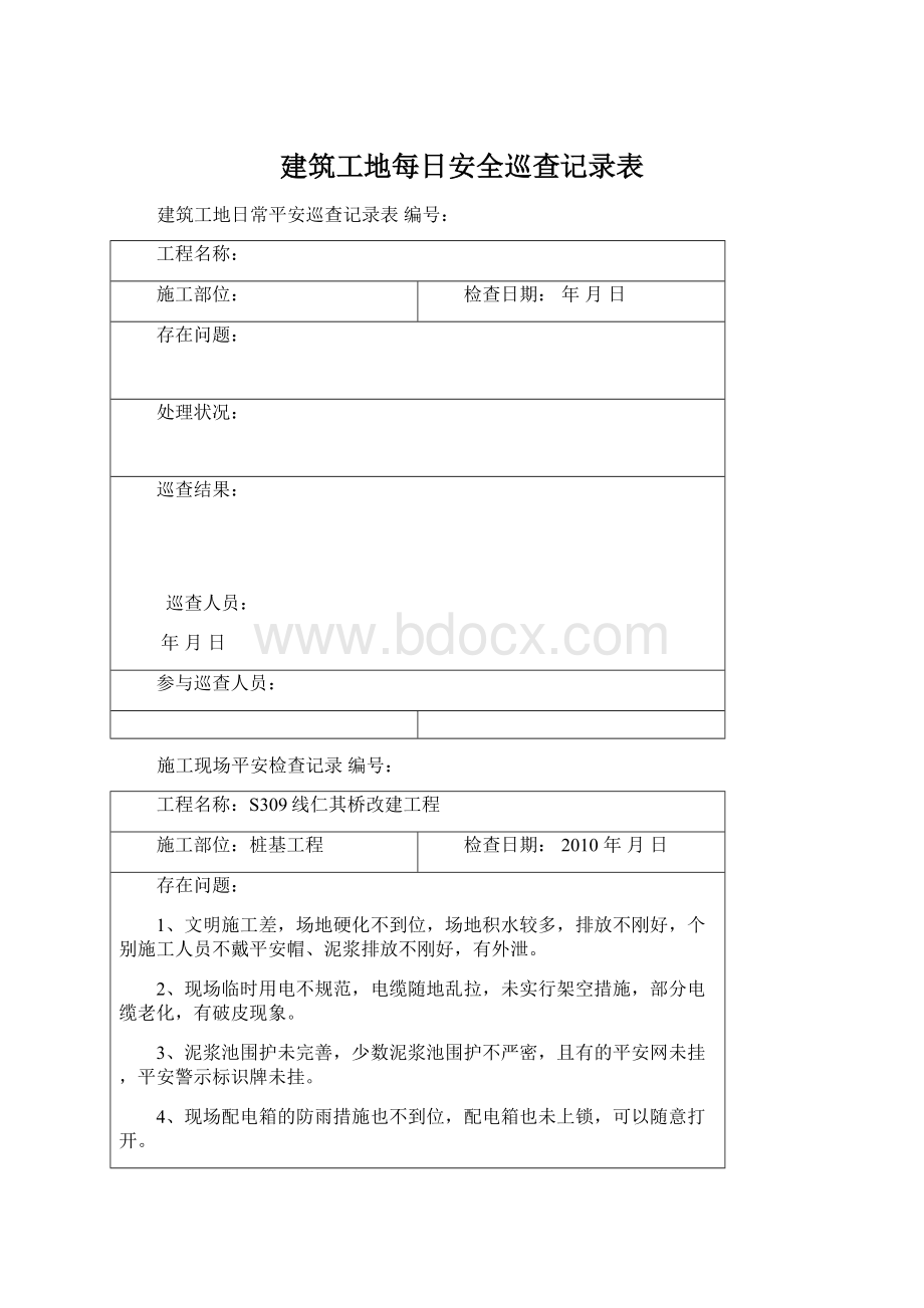 建筑工地每日安全巡查记录表Word格式.docx_第1页