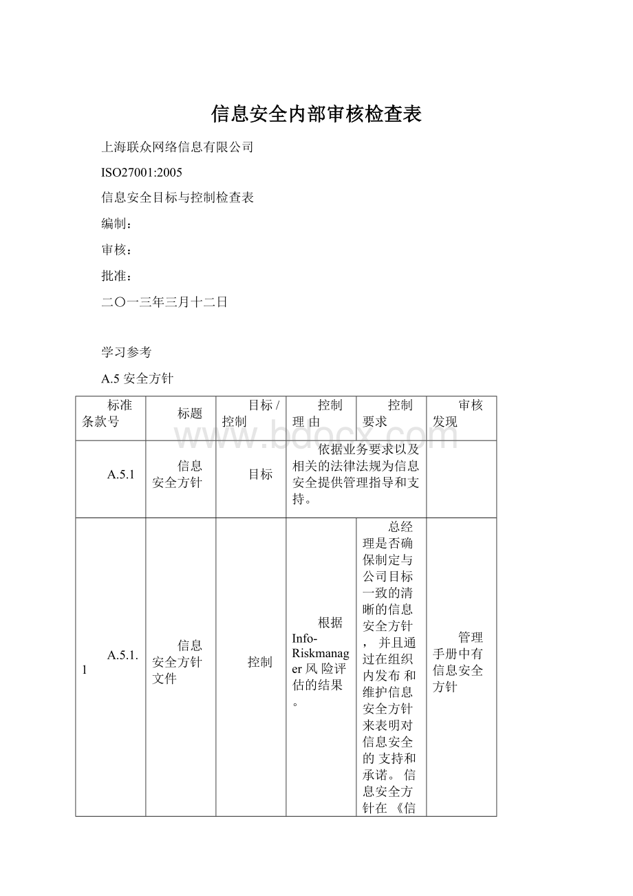 信息安全内部审核检查表Word文档下载推荐.docx