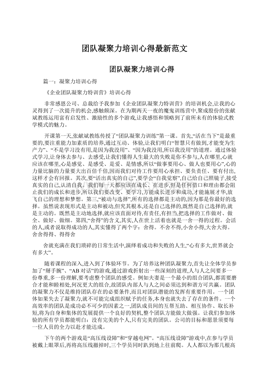 团队凝聚力培训心得最新范文.docx_第1页