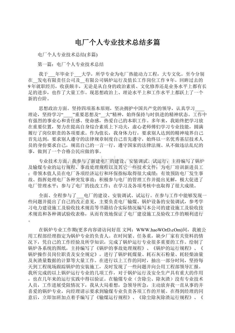 电厂个人专业技术总结多篇Word格式.docx_第1页