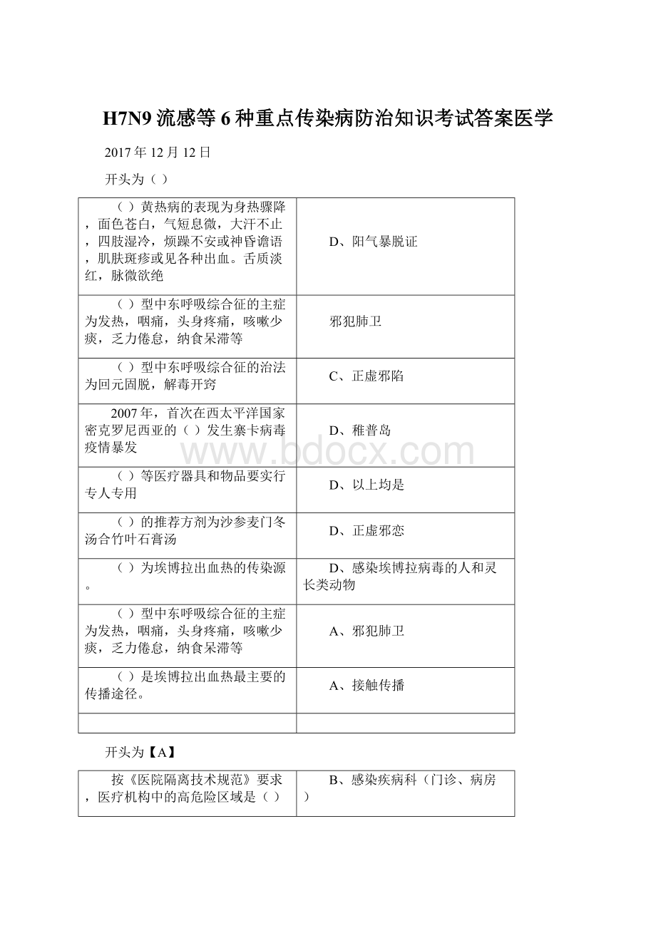 H7N9流感等6种重点传染病防治知识考试答案医学Word格式文档下载.docx_第1页