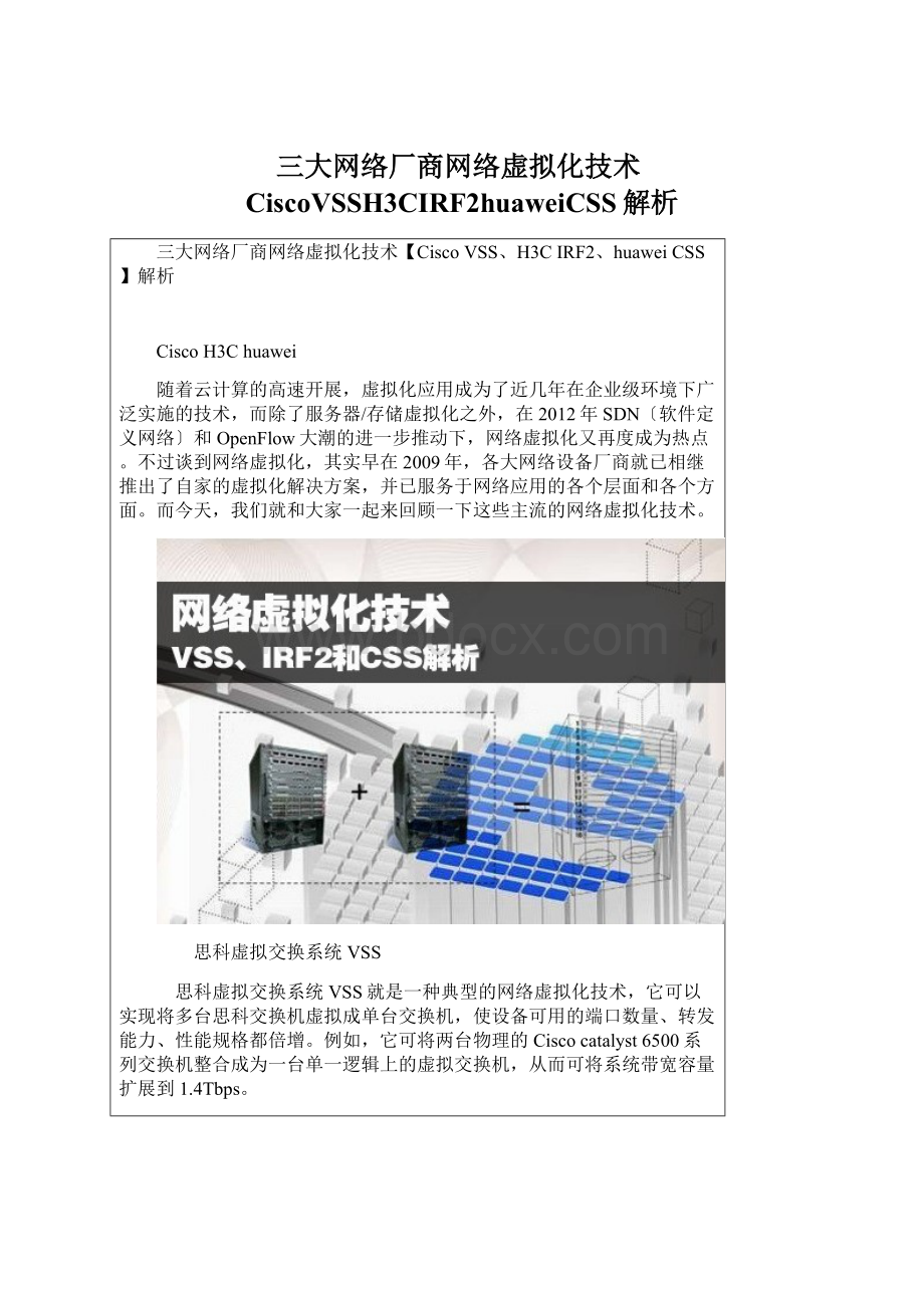 三大网络厂商网络虚拟化技术CiscoVSSH3CIRF2huaweiCSS解析Word文档格式.docx