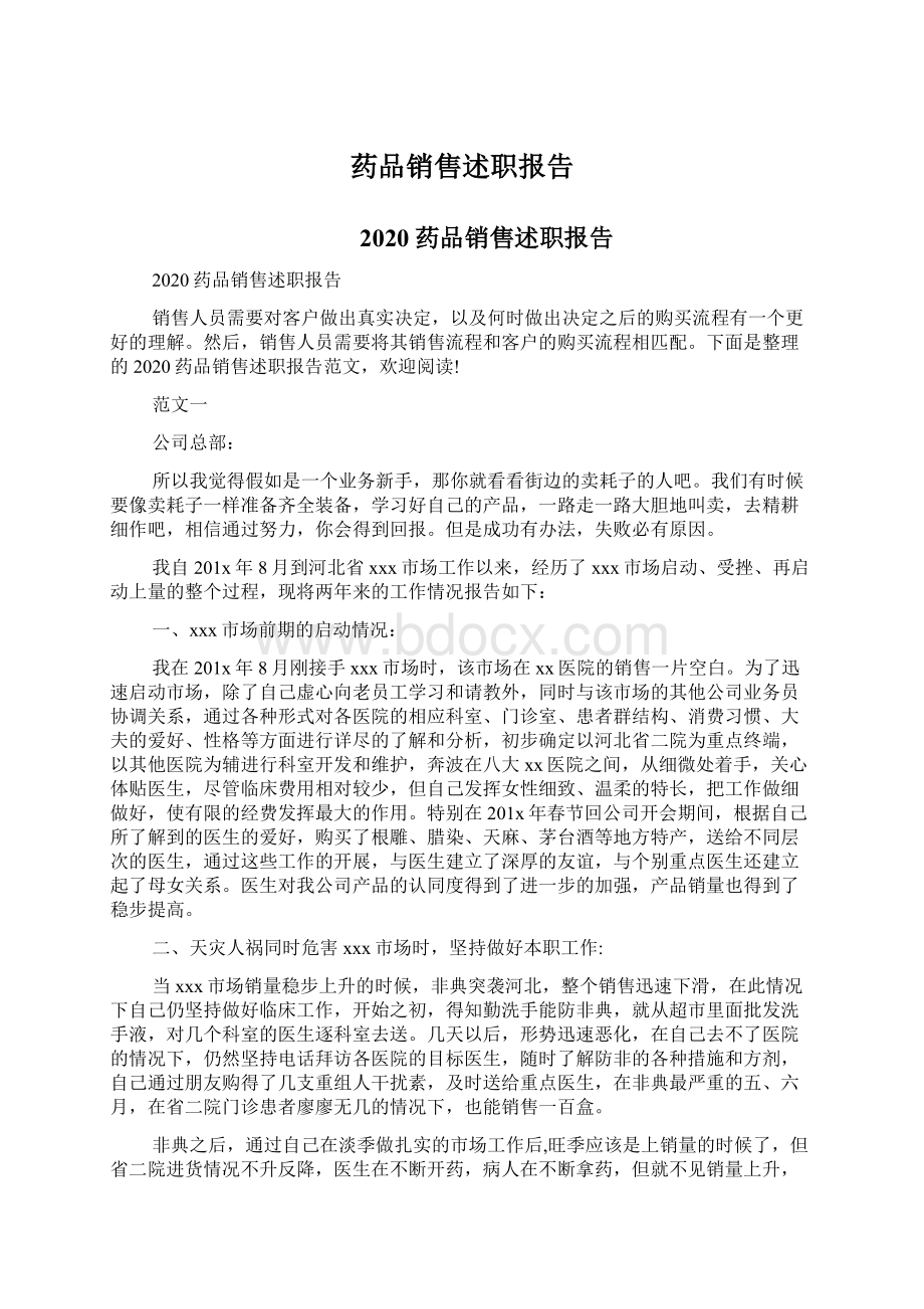 药品销售述职报告文档格式.docx_第1页