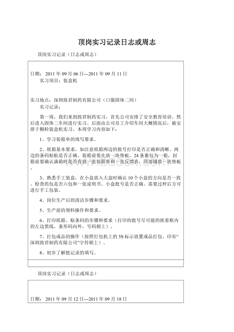 顶岗实习记录日志或周志.docx_第1页