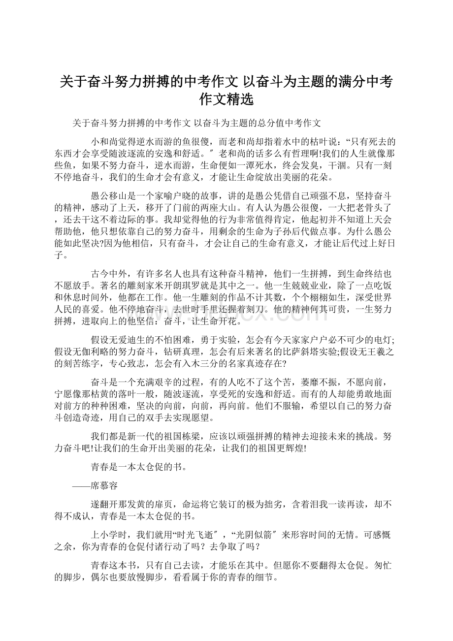 关于奋斗努力拼搏的中考作文 以奋斗为主题的满分中考作文精选Word文件下载.docx_第1页