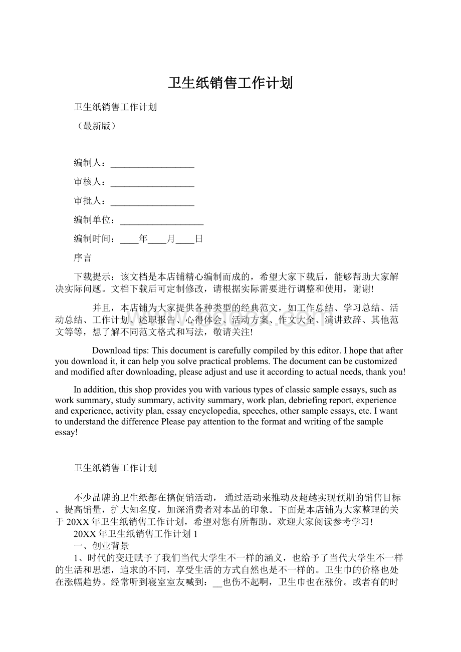 卫生纸销售工作计划Word文档格式.docx