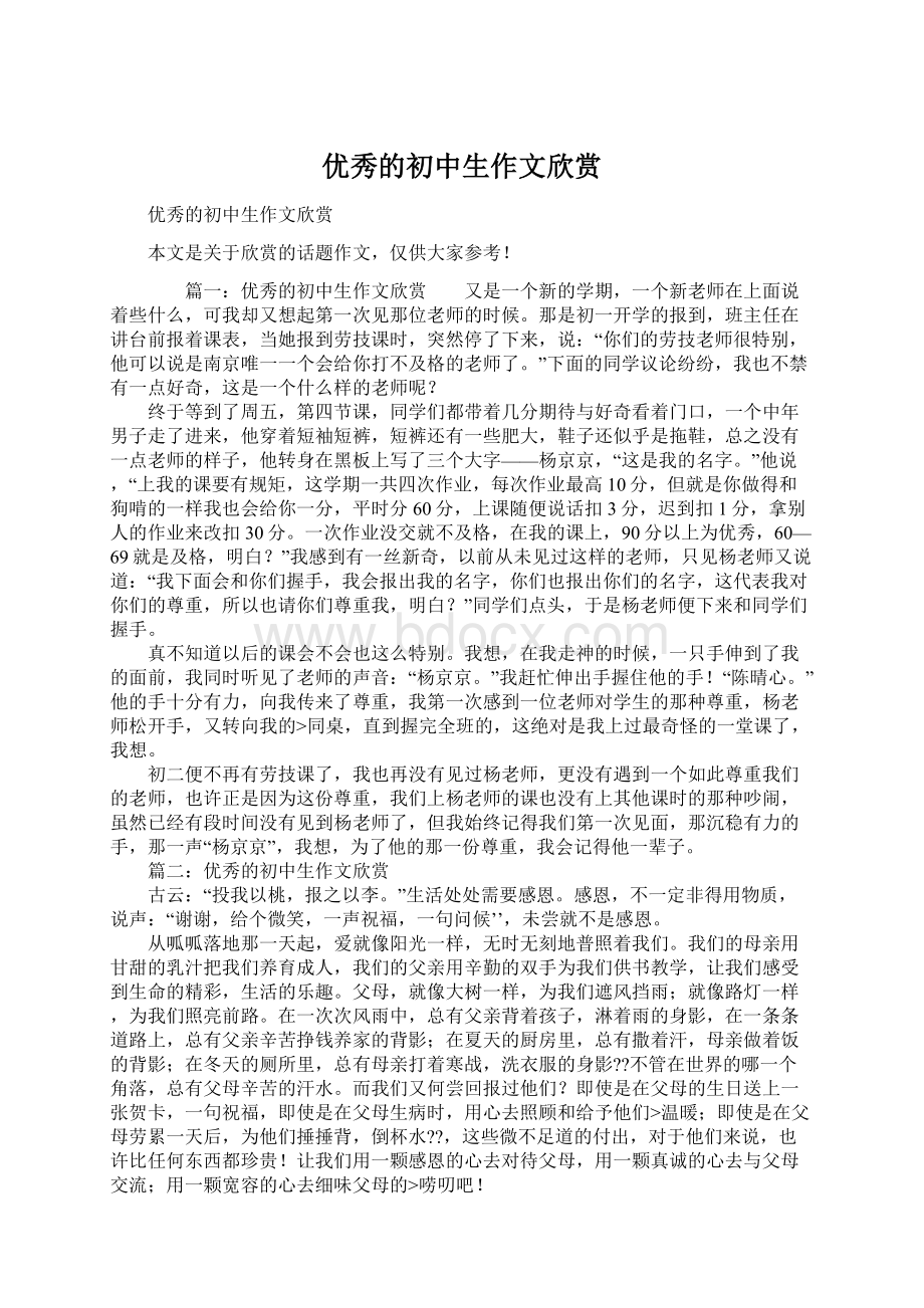 优秀的初中生作文欣赏Word文件下载.docx