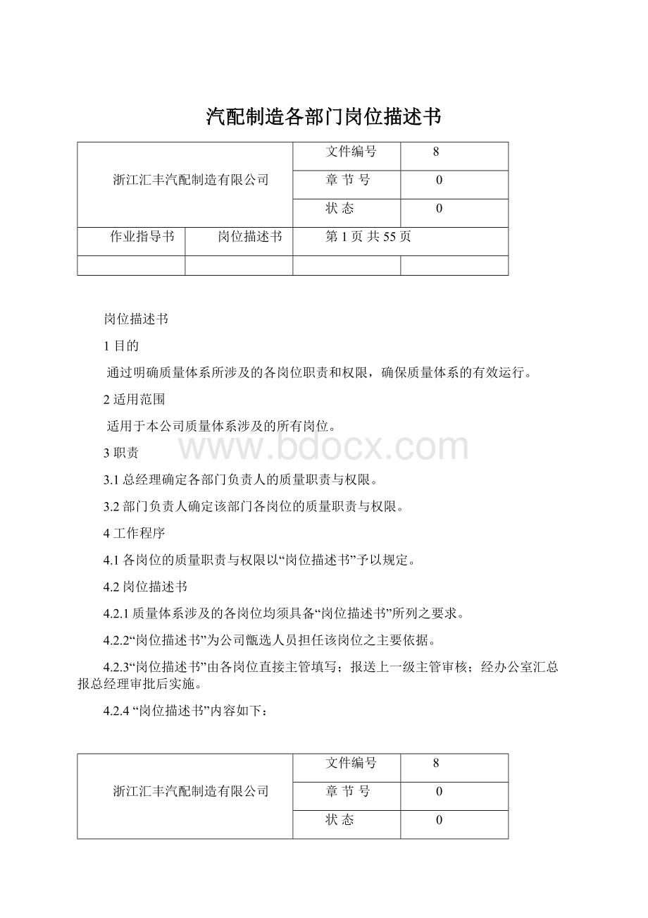 汽配制造各部门岗位描述书文档格式.docx