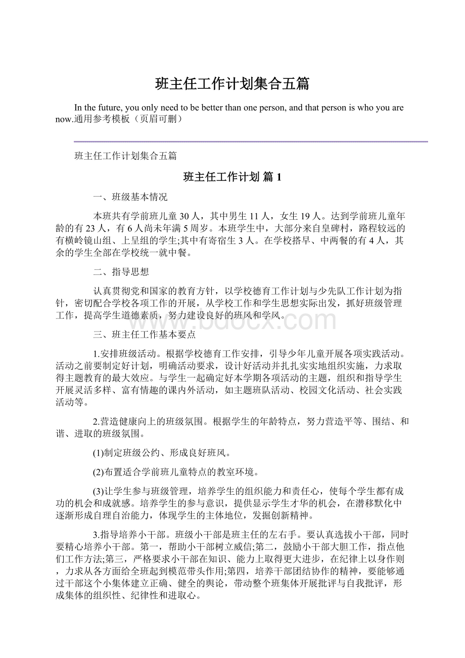 班主任工作计划集合五篇Word下载.docx