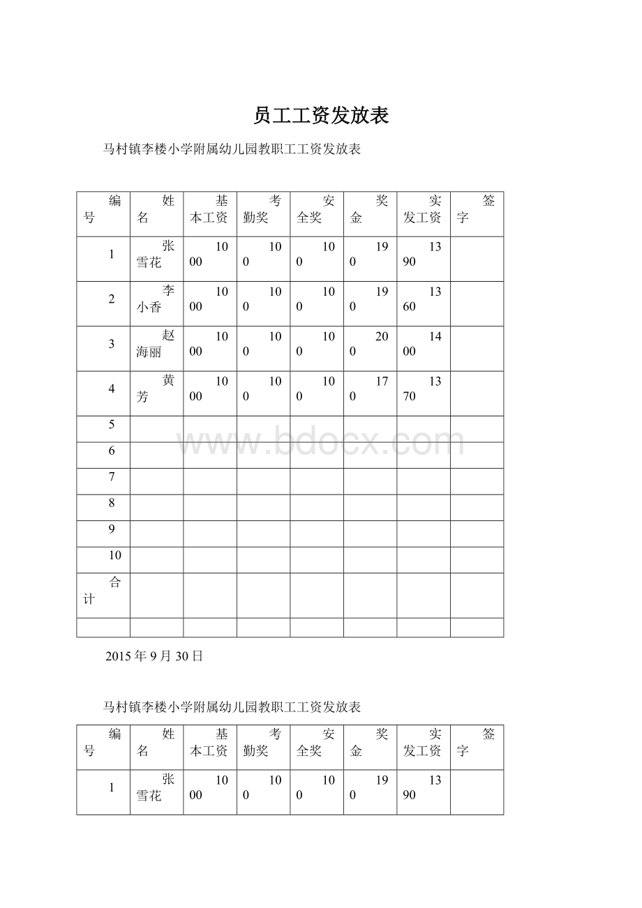 员工工资发放表Word格式.docx_第1页