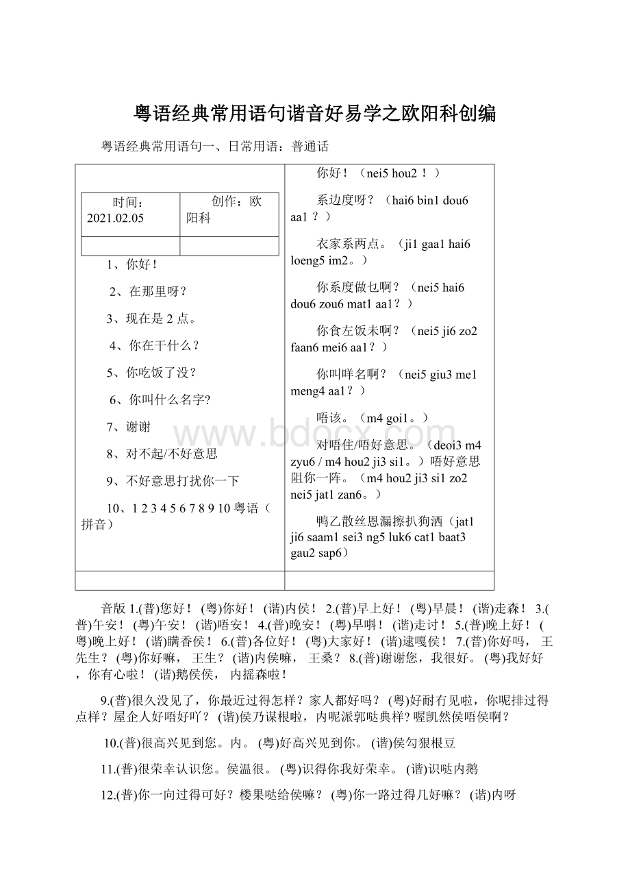 粤语经典常用语句谐音好易学之欧阳科创编Word文档格式.docx