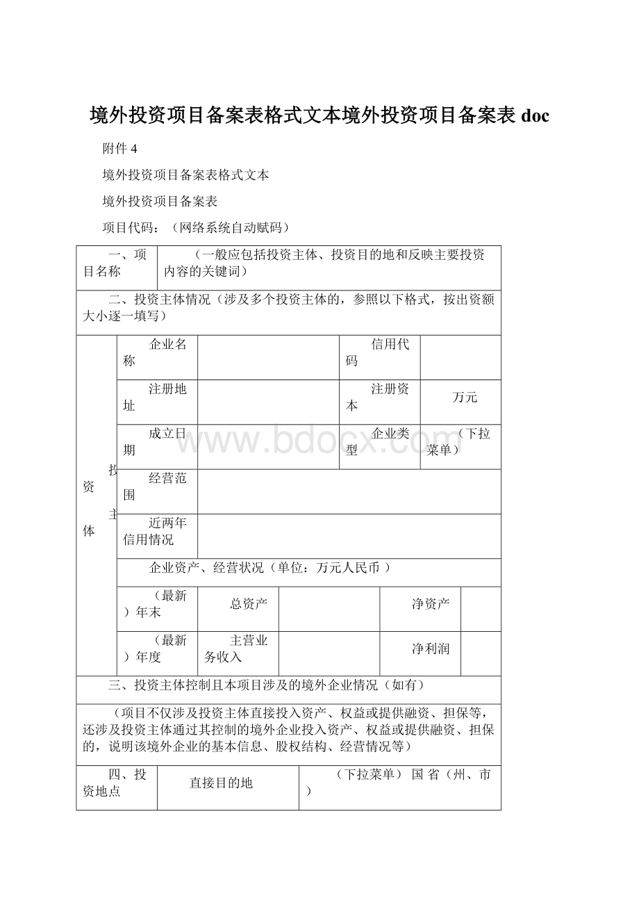 境外投资项目备案表格式文本境外投资项目备案表docWord文档格式.docx