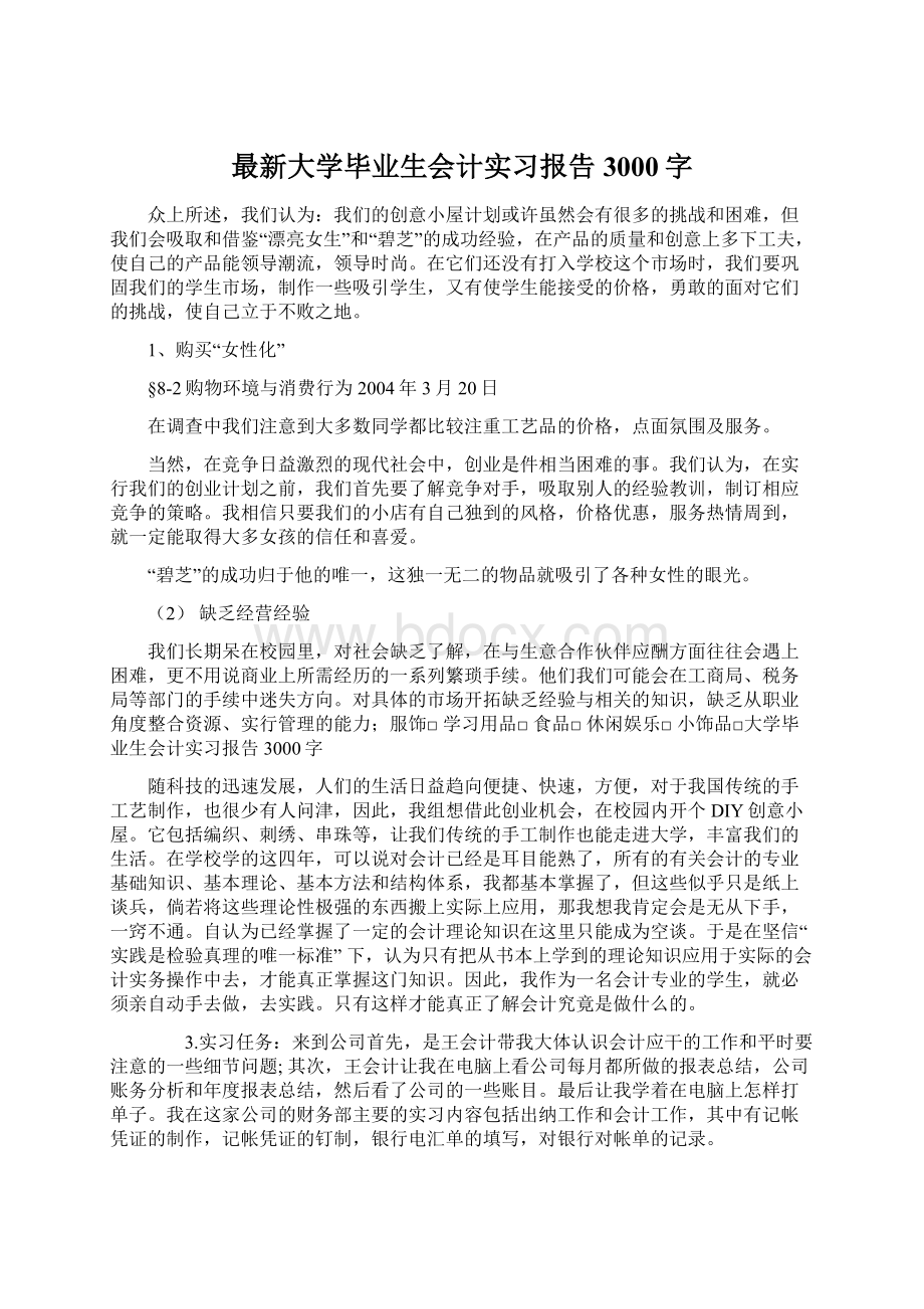 最新大学毕业生会计实习报告3000字Word格式文档下载.docx